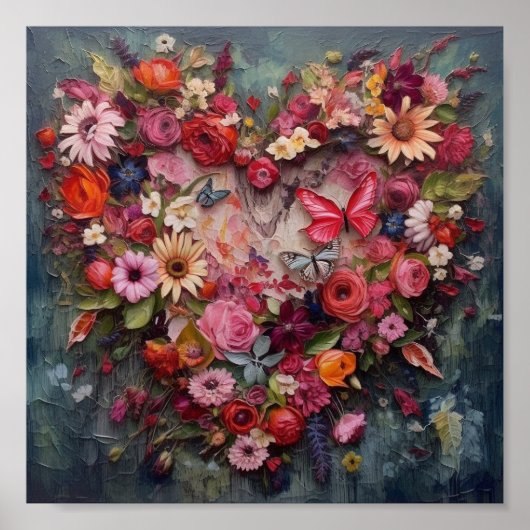 花と蝶で作られたハート ポスター (正面)