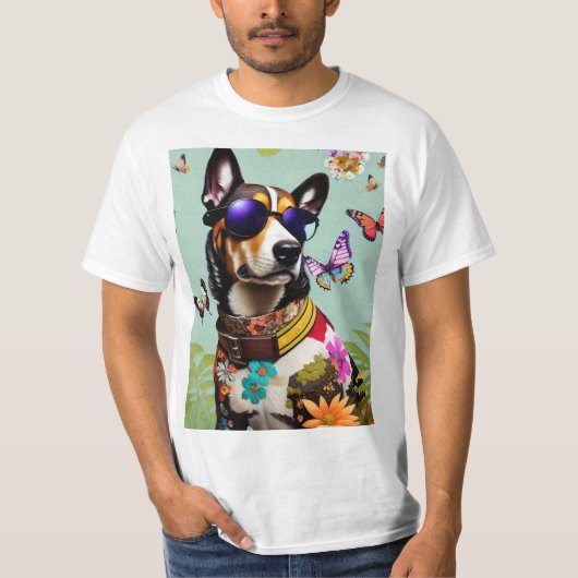 花と蝶とサングラスのクールな犬 Tシャツ (正面)