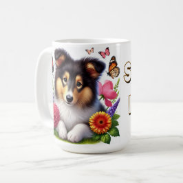 花と蝶とシェットランドシェプドッグ コーヒーマグカップ
