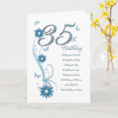 花と蝶とティール（緑がかった色）で35歳の誕生日 カード (黄色い花)
