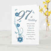 花と蝶とティール(緑がかった色)の97歳の誕生日 カード (黄色い花)