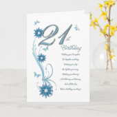 花と蝶とティール（緑がかった色）21歳の誕生日 カード (黄色い花)