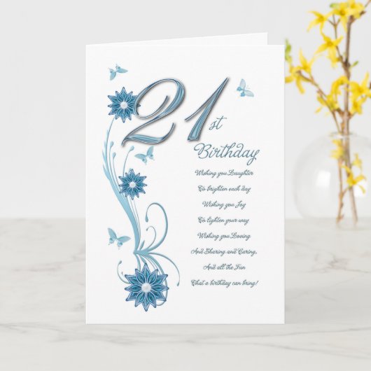花と蝶とティール（緑がかった色）21歳の誕生日 カード (黄色い花)