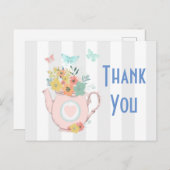花と蝶とピンクのティーポットありがとう ポストカード (正面/裏面)