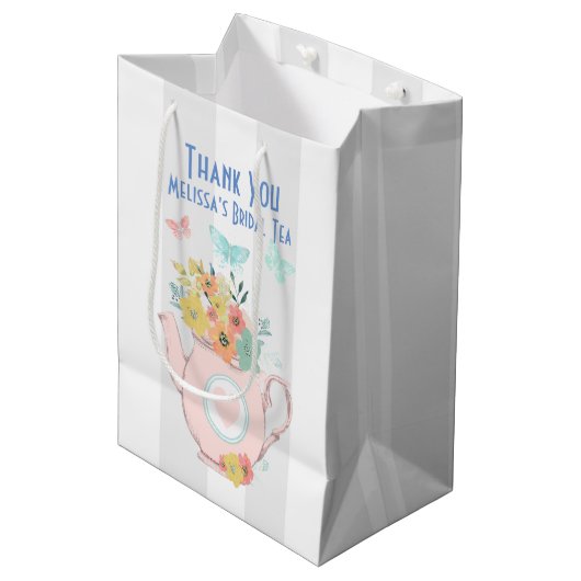 花と蝶とピンクのティーポットありがとう ミディアムペーパーバッグ (正面アングル)