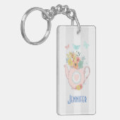 花と蝶とピンクのティーポット キーホルダー (正面左)