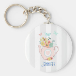 花と蝶とピンクのティーポット キーホルダー