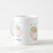 花と蝶とピンクのティーポット コーヒーマグカップ (正面左)