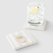 花と蝶とピンクのティーポット ストーンコースター (横)