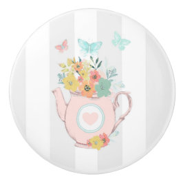 花と蝶とピンクのティーポット セラミックノブ