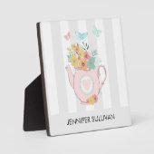 花と蝶とピンクのティーポット フォトプラーク (正面)