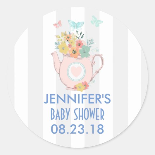 花と蝶とピンクのティーポット ラウンドシール (正面)