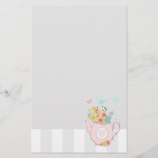 花と蝶とピンクのティーポット 便箋 (正面)