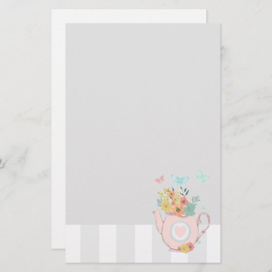 花と蝶とピンクのティーポット 便箋 (正面/裏面)