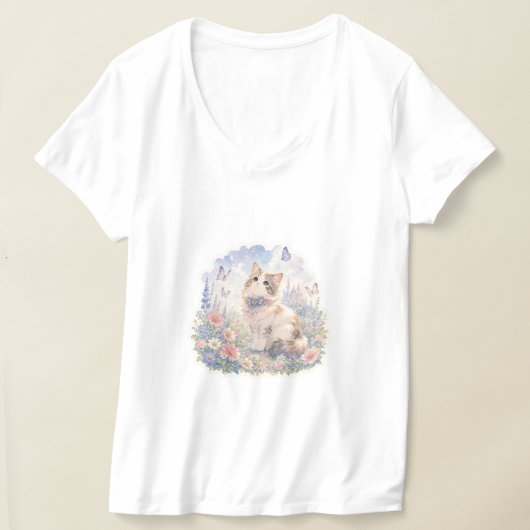 花と蝶と猫のTシャツ Tシャツ (レイダウン)