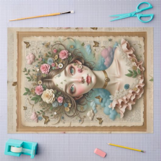 花と蝶と緑の目の女の子 薄葉紙 (クラフト)