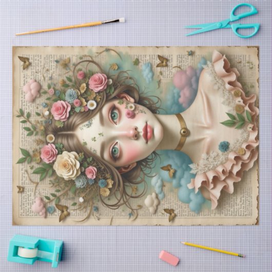 花と蝶と緑の目の女の子 薄葉紙 (クラフト)