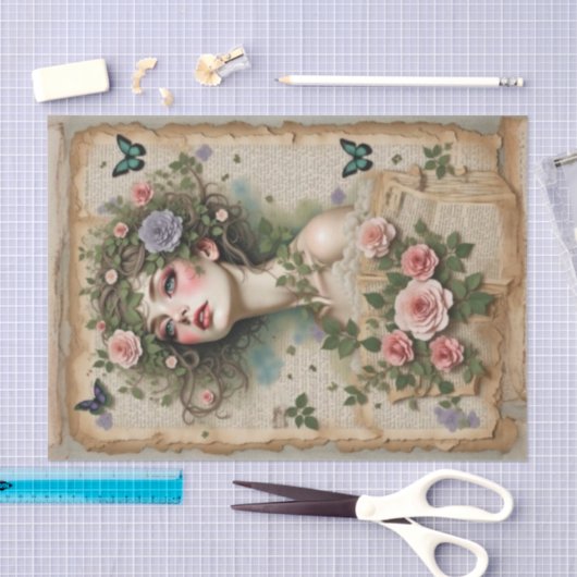 花と蝶と緑の目の美しい 薄葉紙 (クラフト)