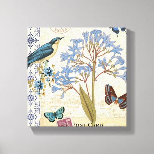 花と蝶と鳥のコラージュ キャンバスプリント (正面)