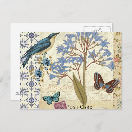花と蝶と鳥のコラージュ ポストカード (正面/裏面)