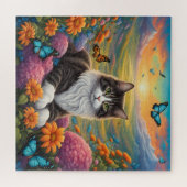 花と蝶に囲まれた猫 ジグソーパズル (横)