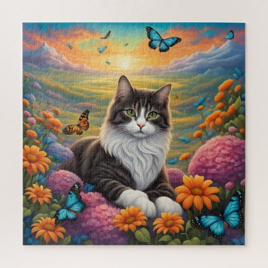 花と蝶に囲まれた猫 ジグソーパズル (縦)