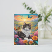 花と蝶に囲まれた猫 ポストカード (スタンド正面)