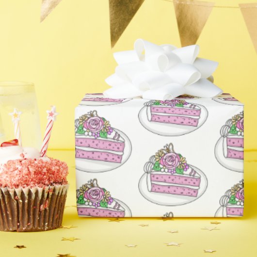 花と蝶のケーキ ラッピングペーパー (誕生日パーティー)