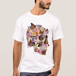 花と蝶のスカルアートTシャツ Tシャツ