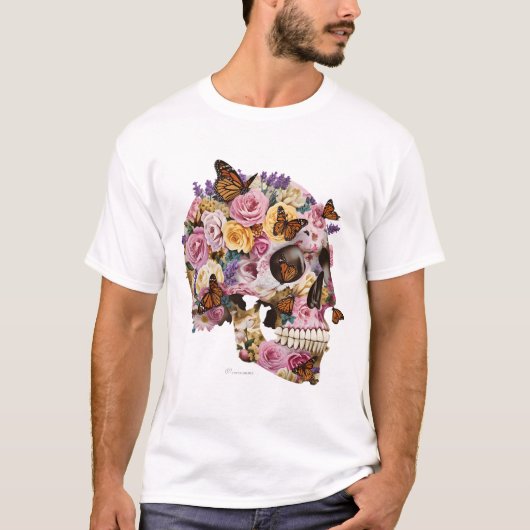 花と蝶のスカルアートTシャツ Tシャツ (正面)