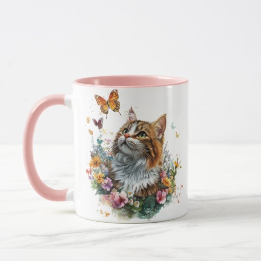 花と蝶のデザインが可愛い猫のマグカップ マグカップ (左)
