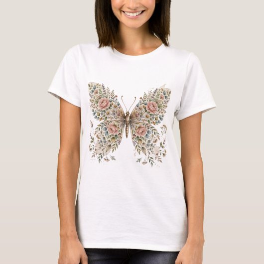 花と蝶のデザインTシャツ Tシャツ (正面)