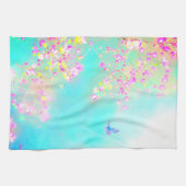 花と蝶のフローラかわいい春ブルーピンク キッチンタオル (横)
