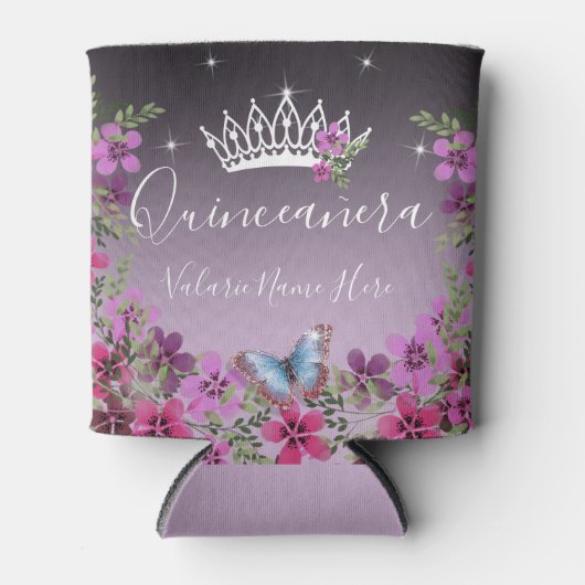 花と蝶のプリンセスキンセアニェラ紫 缶クーラー (正面)