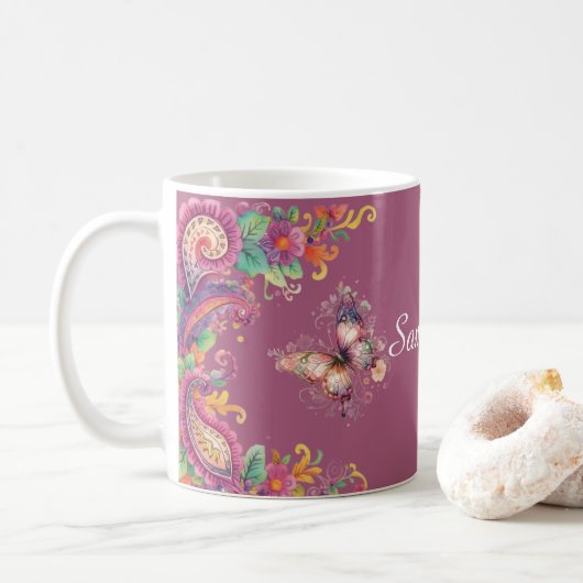 花と蝶のペイズリー コーヒーマグカップ (ドーナツ)