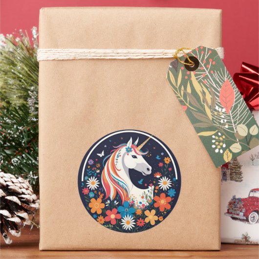 花と蝶のユニコーンNavy Blue ラウンドシール (クリスマス)