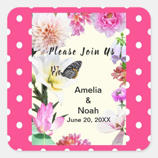 花と蝶の水の色結婚の スクエアシール (正面)