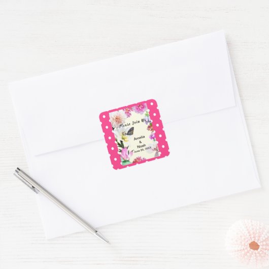 花と蝶の水の色結婚の スクエアシール (封筒)