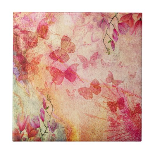 花と蝶の水色、セラミックタイル タイル (正面)