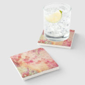 花と蝶の水色、石コースター ストーンコースター (横)