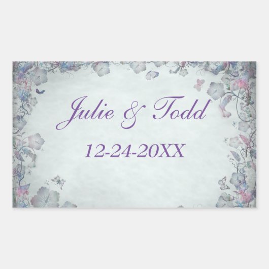 花と蝶の結婚式の日付を保存 長方形シール (正面)