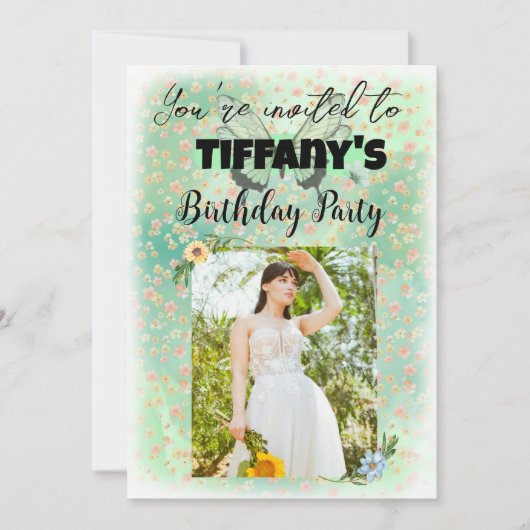 花と蝶の誕生日招待状 招待状 (正面)