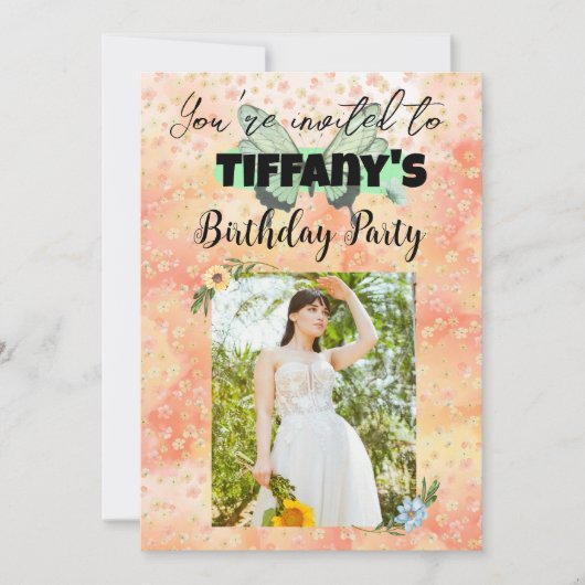 花と蝶の誕生日招待状 招待状 (正面)