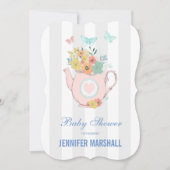 花と蝶の赤ちゃんシャワー付きピンクのティーポット 招待状 (正面)