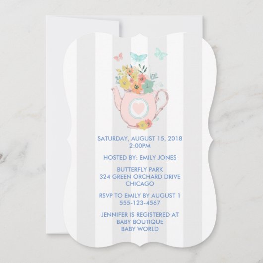 花と蝶の赤ちゃんシャワー付きピンクのティーポット 招待状 (裏面)