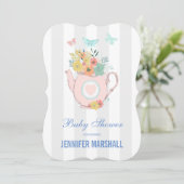 花と蝶の赤ちゃんシャワー付きピンクのティーポット 招待状 (スタンド正面)