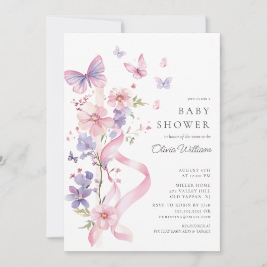花と蝶の赤ちゃんシャワー 招待状 (正面)