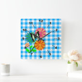 花と蝶の青いヴィッキー スクエア壁時計 (ホーム)