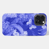 花と蝶の青い背景 iPhoneケース (裏面横)