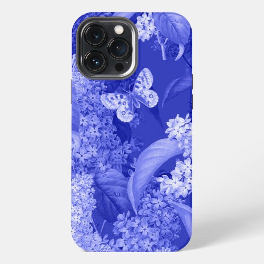 花と蝶の青い背景 iPhoneケース (裏面)